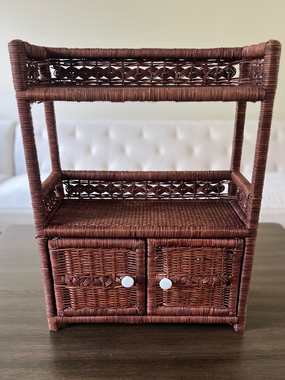 Vintage Brown Rattan Wicker Shelf Cabinet Charming Boho or Grandmacore Decor